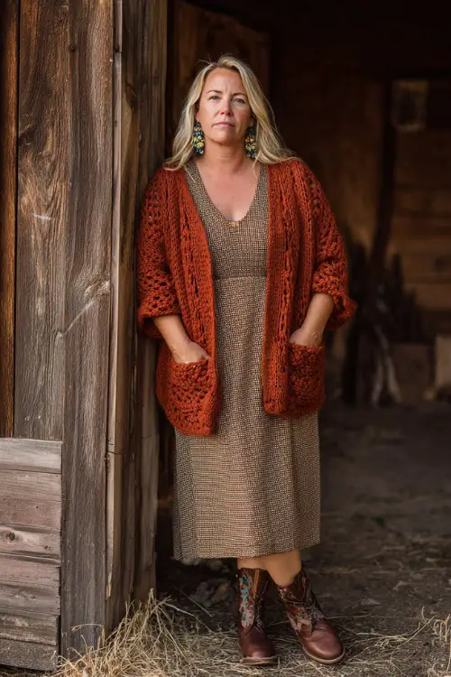 A plus-size woman over 50 wears a crochet cardigan layered over a simple fitted dress, styled with ankle boots and bold earrings