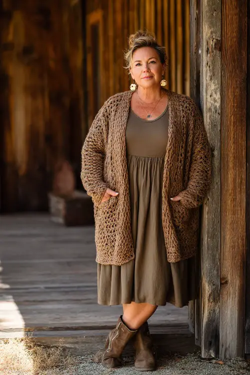 A plus-size woman over 50 wears a crochet cardigan layered over a simple fitted dress