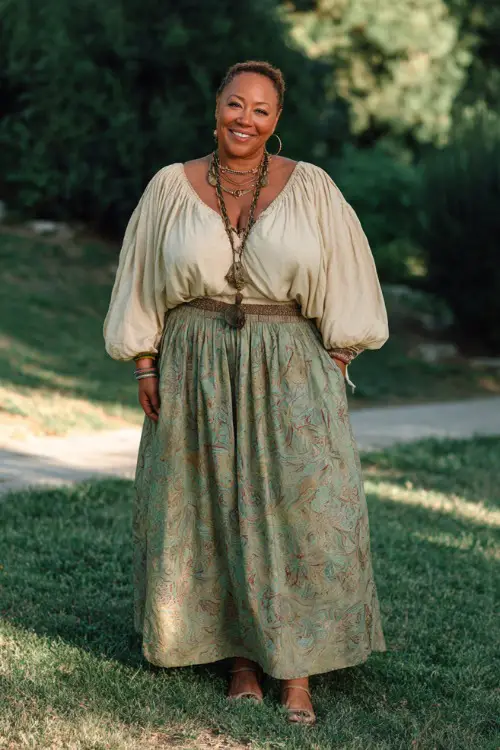 A plus-size woman over 50 wears a flowy blouse tucked into a high-waisted maxi skirt with subtle patterns 