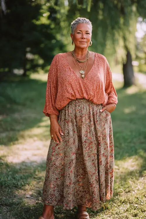 A plus-size woman over 50 wears a flowy blouse tucked into a high-waisted maxi skirt with subtle patterns