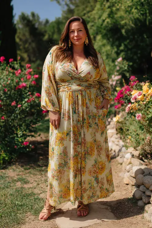 A plus-size woman over 50 wears a flowy boho maxi dress with a defined waist and soft floral prints
