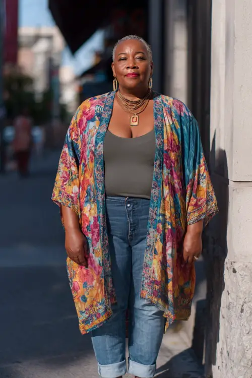A plus-size woman over 50 wears a relaxed kimono layered over a fitted tank top and straight-leg jeans 