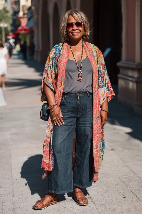A plus-size woman over 50 wears a relaxed kimono layered over a fitted tank top and straight-leg jeans