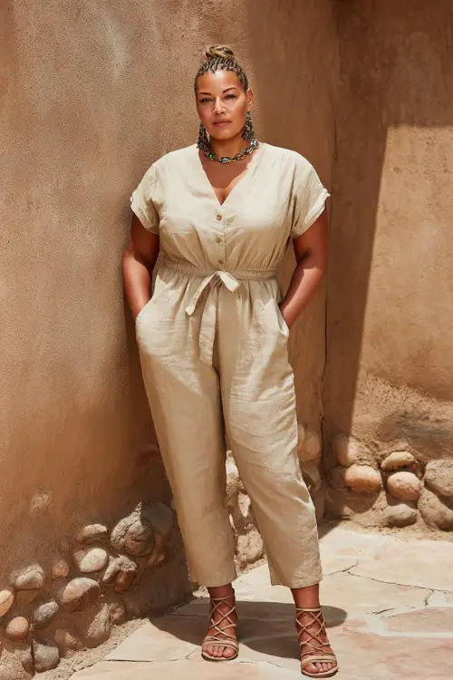 A plus-size woman over 50 wears a soft linen jumpsuit with a cinched waist and relaxed structure 