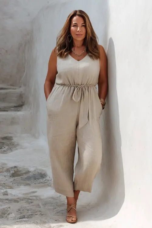 A plus-size woman over 50 wears a soft linen jumpsuit with a cinched waist and relaxed structure