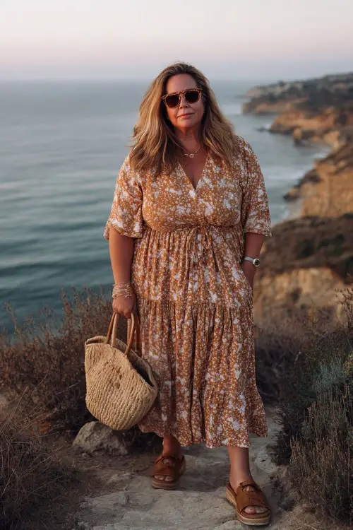 A plus-size woman over 50 wears a tiered midi dress with soft boho prints and short sleeves 
