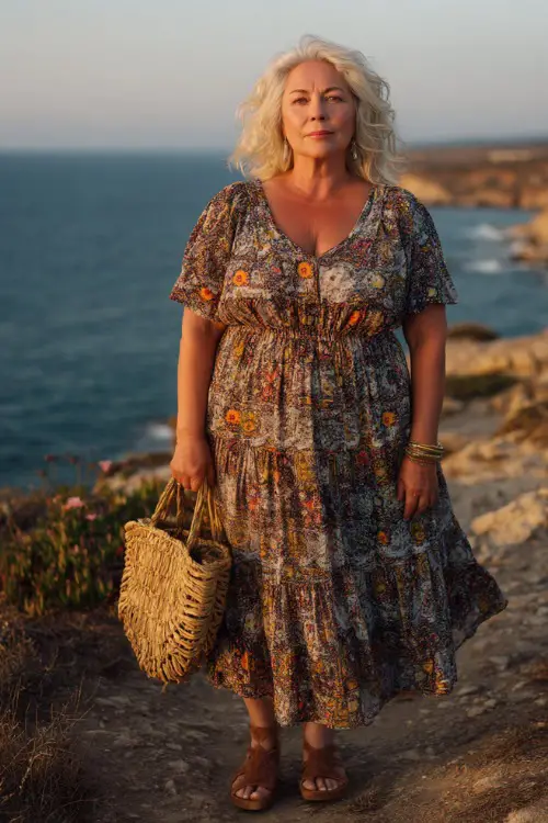 A plus-size woman over 50 wears a tiered midi dress with soft boho prints and short sleeves