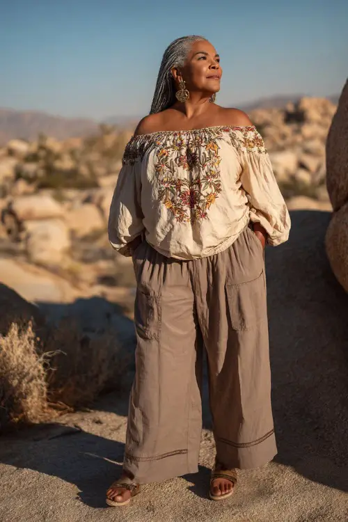 A plus-size woman over 50 wears an off-shoulder blouse with embroidery paired with wide-leg pants
