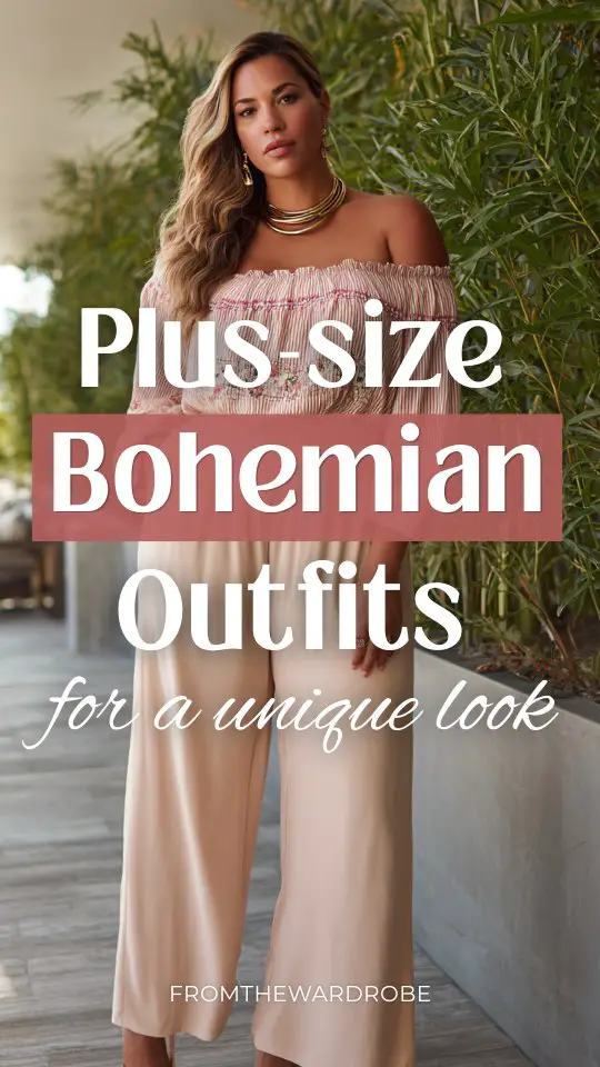 A plus-size woman wears a bohemian outfit with a lightweight off-shoulder blouse with embroidery paired with high-waisted wide-leg pants