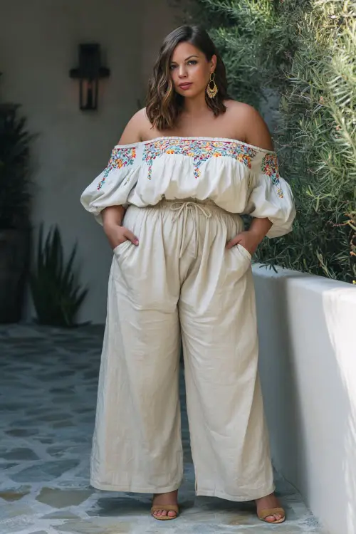 A plus-size woman wears a lightweight off-shoulder blouse with embroidery paired with high-waisted wide-leg pants