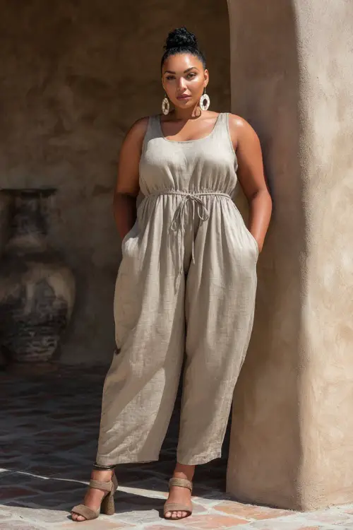 A plus-size woman wears a loose linen jumpsuit with a cinched waist and flattering structure, styled with strappy sandals and statement earrings 