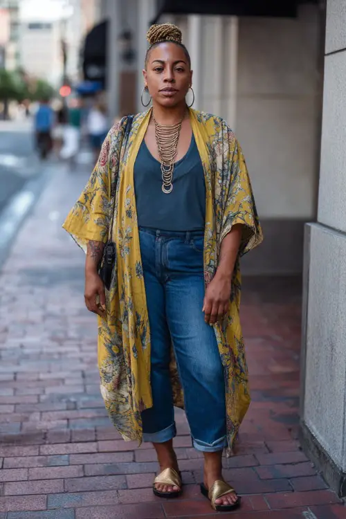 A plus-size woman wears a relaxed kimono layered over a fitted tank top and straight-leg jeans, styled with flat sandals and bold accessories 