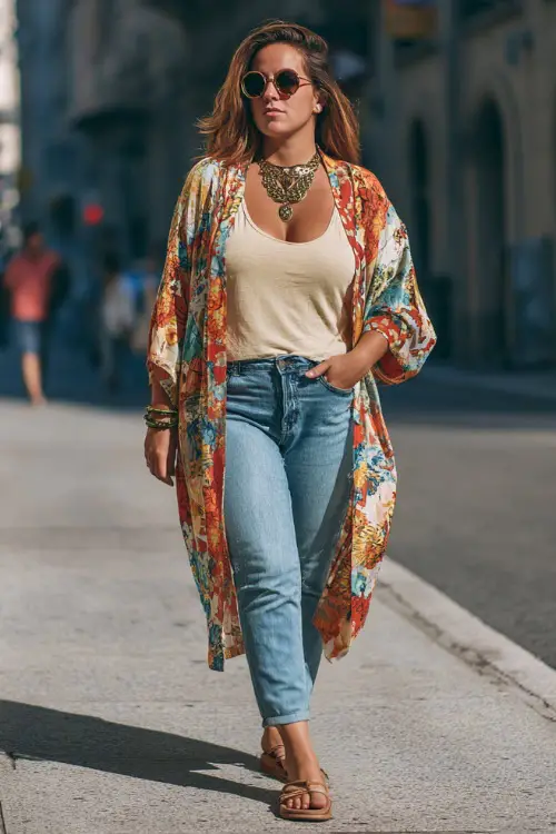A plus-size woman wears a relaxed kimono layered over a fitted tank top and straight-leg jeans, styled with flat sandals and bold accessories 