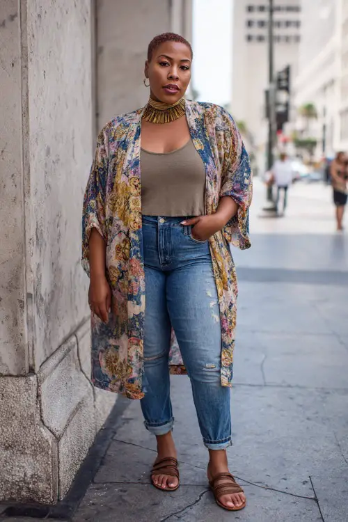 A plus-size woman wears a relaxed kimono layered over a fitted tank top and straight-leg jeans, styled with flat sandals and bold accessories 