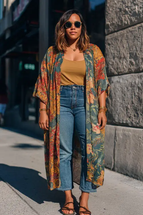 A plus-size woman wears a relaxed kimono layered over a fitted tank top and straight-leg jeans, styled with flat sandals and bold accessories
