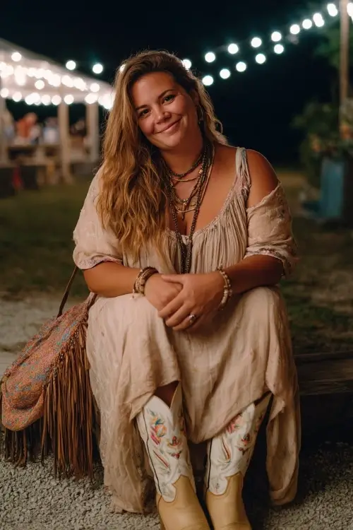 A plus-size woman wears a soft boho maxi dress with embroidered cowboy boots