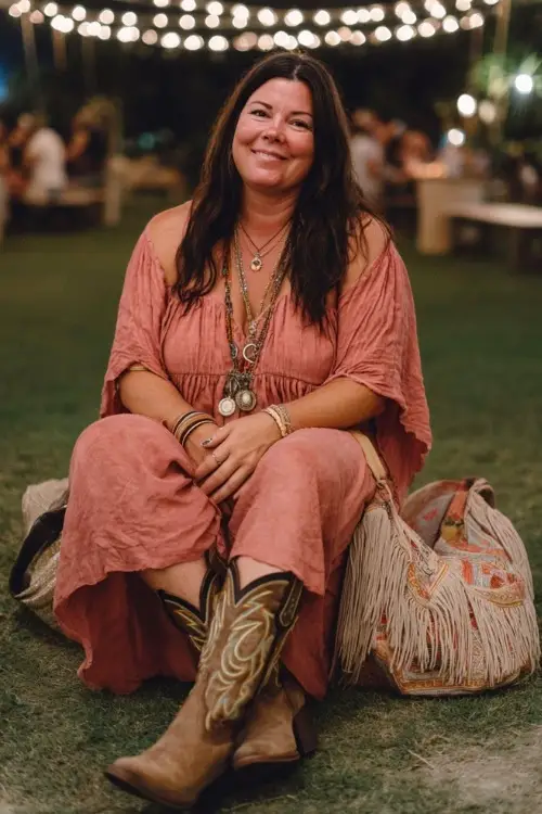 A plus-size woman wears a soft boho maxi dress with embroidered cowboy boots