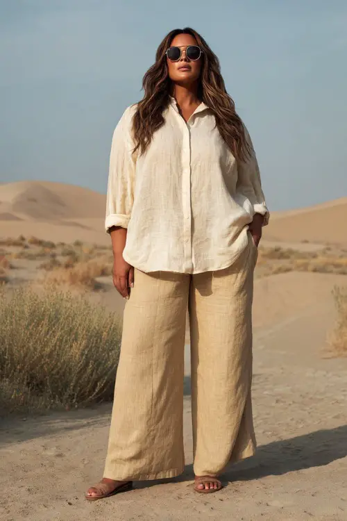 A plus-size woman wears a soft linen blouse with wide-leg pants in warm neutral tones, styled with flat sandals and oversized sunglasses