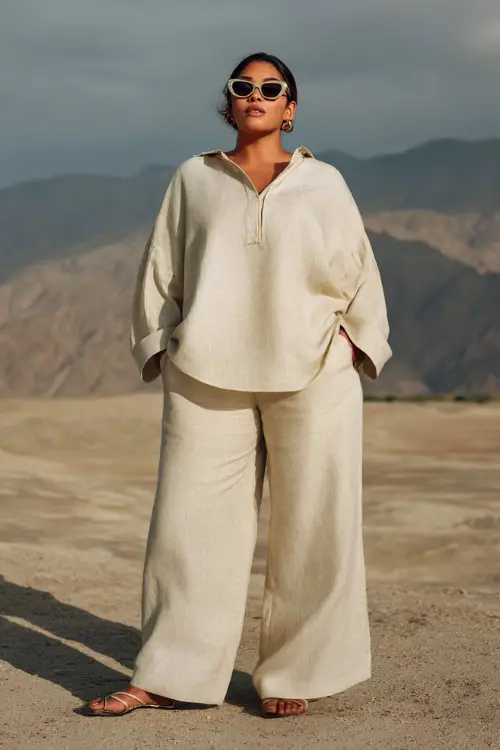 A plus-size woman wears a soft linen blouse with wide-leg pants in warm neutral tones, styled with flat sandals and oversized sunglasses