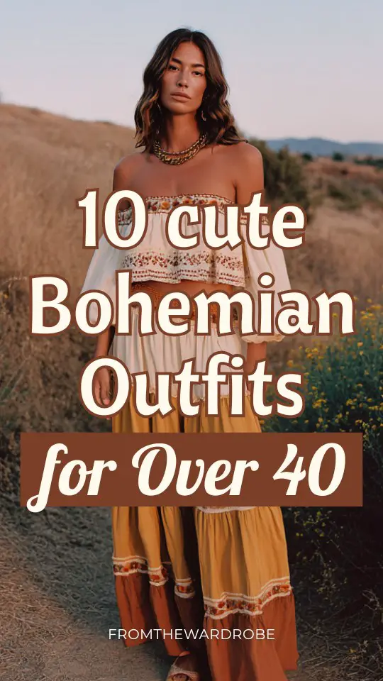 A woman over 40 wears a boho outfit with a loose off-shoulder blouse with embroidery and a tiered maxi skirt, paired with espadrille sandals and layered jewelry