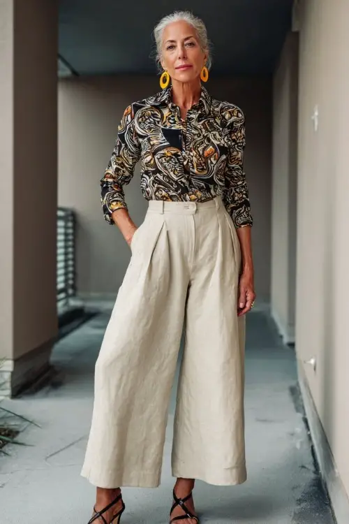 A woman over 50 wears a boho chic outfit with a structured blouse and wide-leg linen pants 
