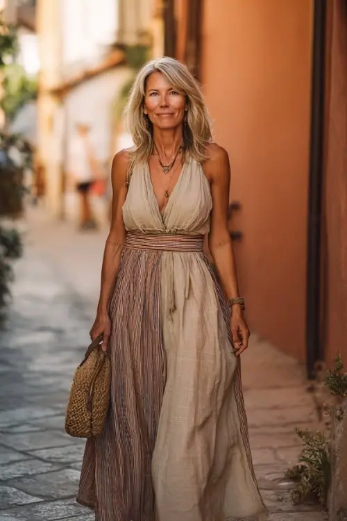 A woman over 50 wears a boho maxi dress with soft neutral tones and flowing fabric