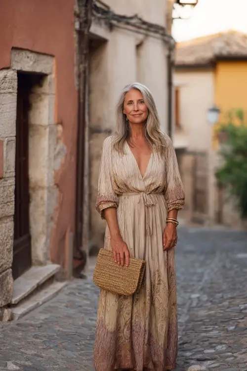 A woman over 50 wears a boho maxi dress with soft neutral tones and flowing fabric
