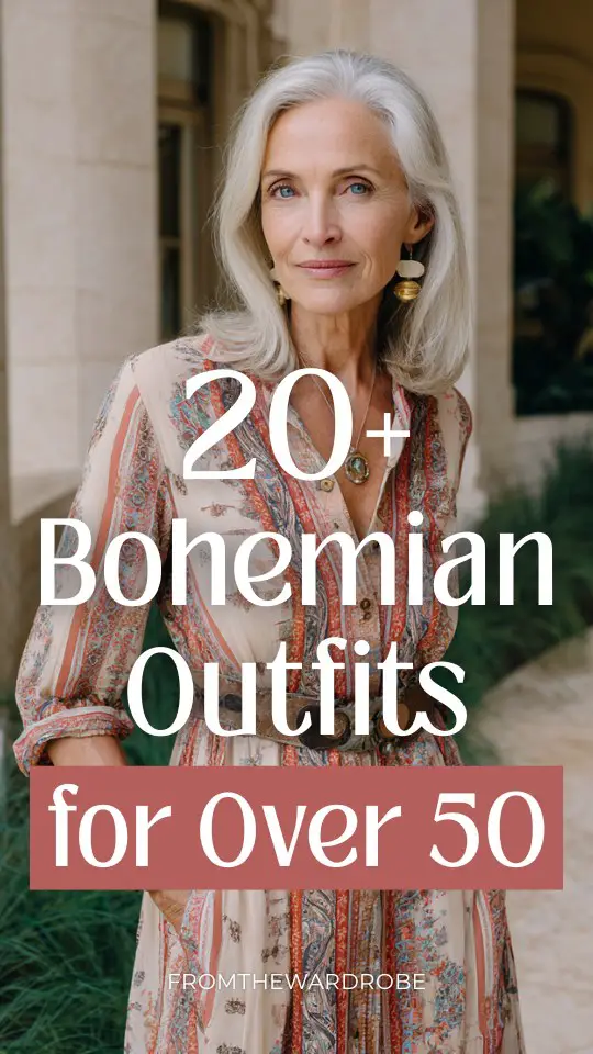 A woman over 50 wears a boho outfit with a dress with a defined waist and soft prints