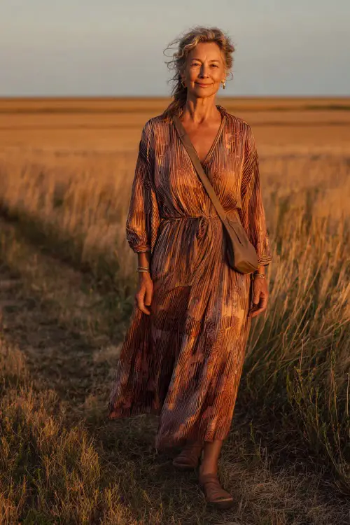 A woman over 50 wears a breezy boho midi dress with light fabric and relaxed movement