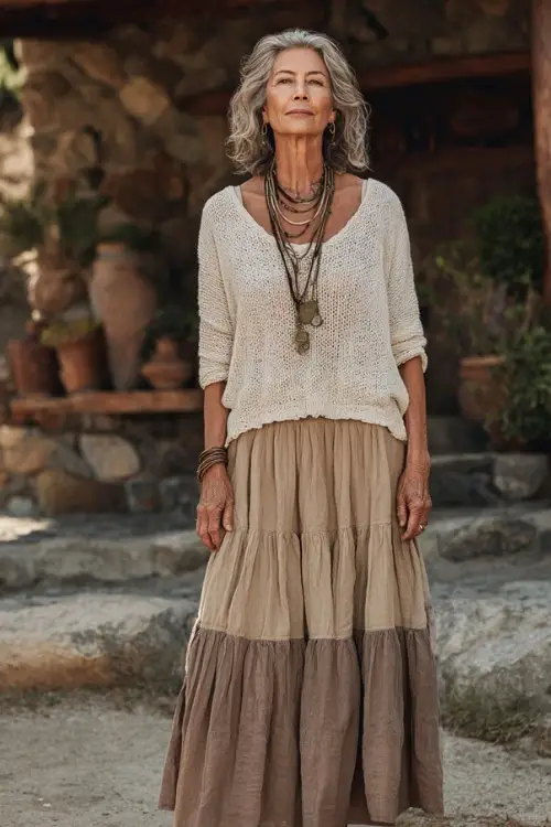 A woman over 50 wears a casual boho look with a soft knit top and a tiered skirt