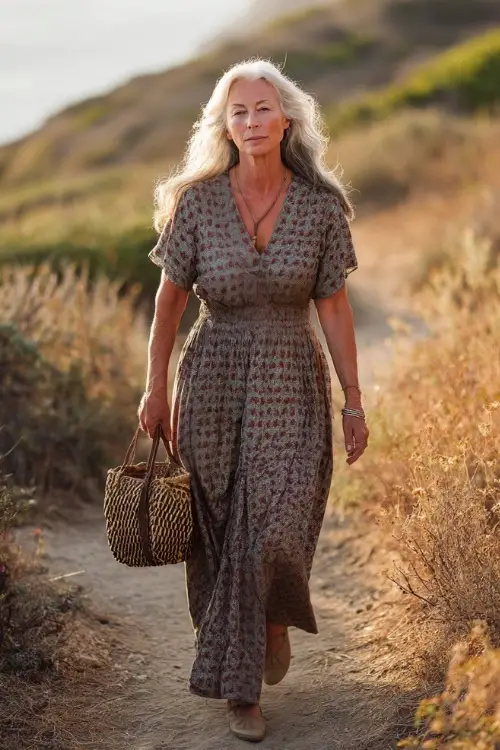 A woman over 50 wears a casual boho maxi dress with short sleeves and subtle patterns