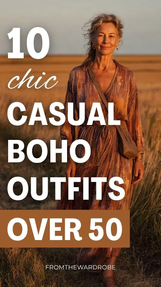 A woman over 50 wears a casual boho outfit with a breezy midi dress with light fabric and relaxed movement