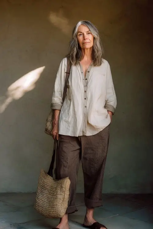 A woman over 50 wears a casual boho outfit with a lightweight blouse and relaxed-fit pants