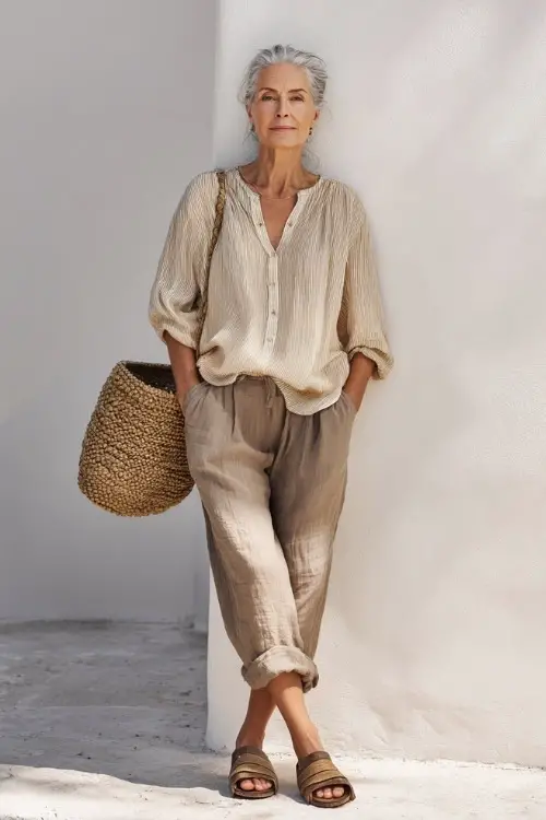 A woman over 50 wears a casual boho outfit with a lightweight blouse and relaxed-fit pants