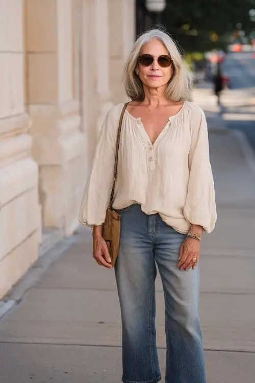 A woman over 50 wears a casual boho outfit with a loose linen blouse and straight-leg jeans
