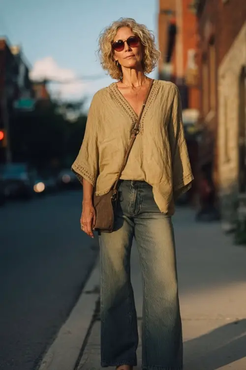 A woman over 50 wears a casual boho outfit with a loose linen blouse and straight-leg jeans