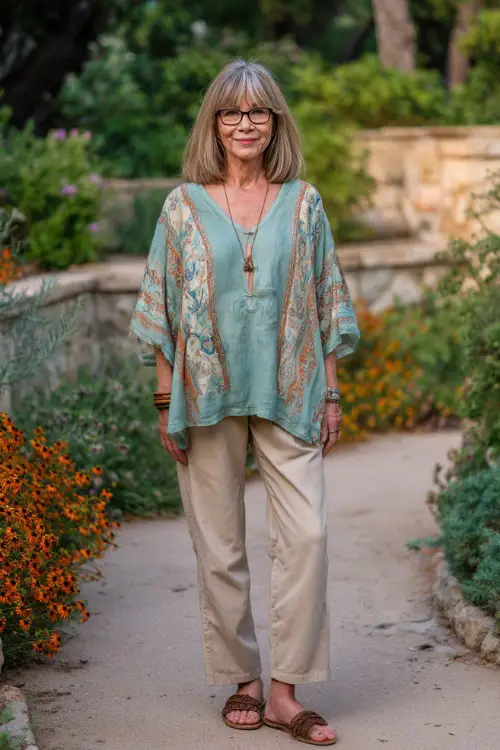 A woman over 50 wears a casual boho tunic top with straight-leg pants, paired with comfortable sandals and simple accessories 