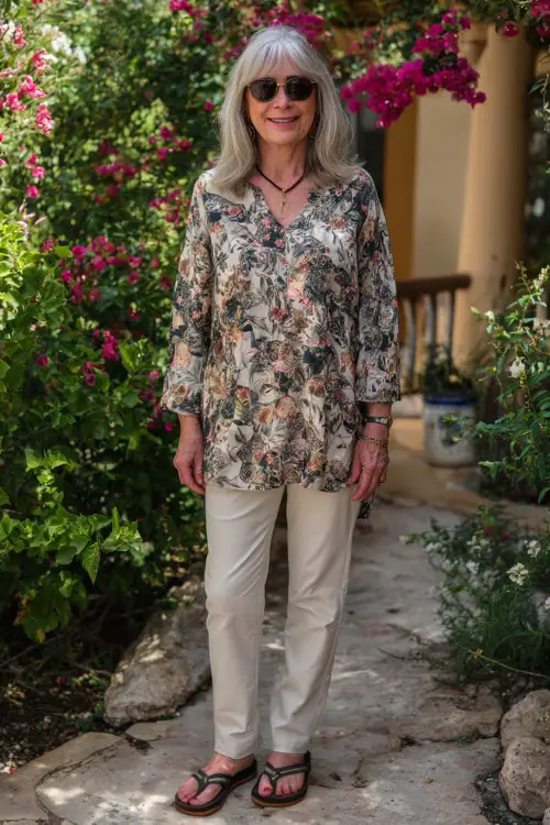 A woman over 50 wears a casual boho tunic top with straight-leg pants, paired with comfortable sandals and simple accessories