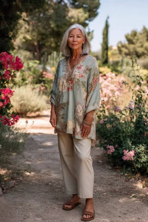 A woman over 50 wears a casual boho tunic top with straight-leg pants, paired with comfortable sandals and simple accessories