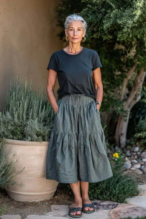 A woman over 50 wears a casual tiered midi skirt with a relaxed t-shirt tucked in, styled with slip-on sandals and minimal jewelry