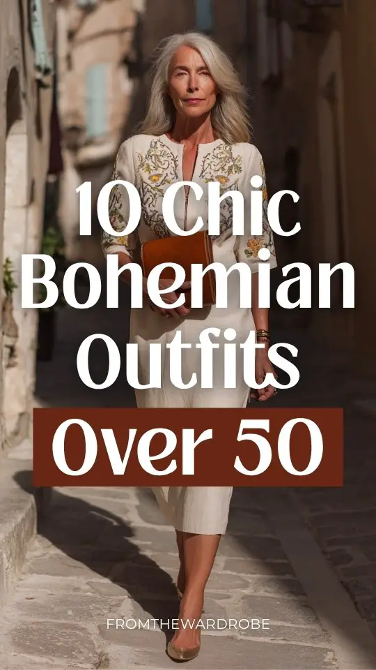 A woman over 50 wears a chic bohemian outfit with a tailored midi dress with delicate embroidery and a flattering silhouette