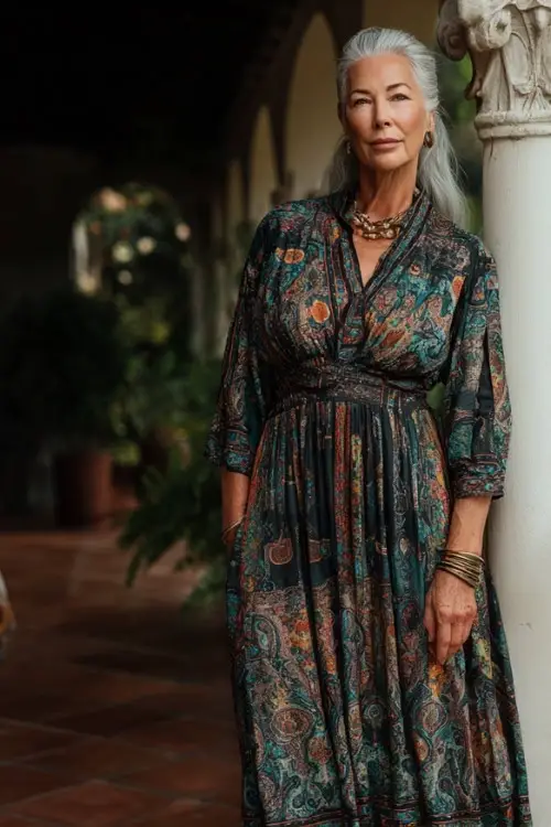 A woman over 50 wears a chic boho dress with a defined waist and soft prints