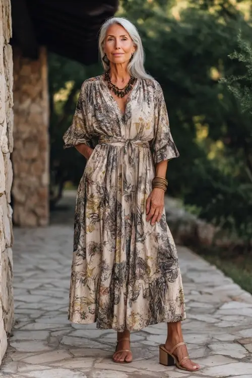 A woman over 60 wears a chic boho dress with a defined waist and soft prints 