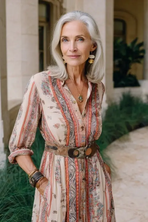 A woman over 50 wears a chic boho dress with a defined waist and soft prints