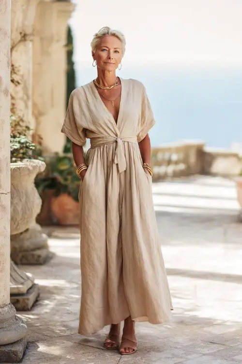 A woman over 60 wears a chic boho maxi dress with a defined waist and soft neutral tones