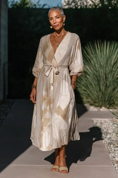 A woman over 50 wears a chic boho midi dress in neutral tones with subtle patterns
