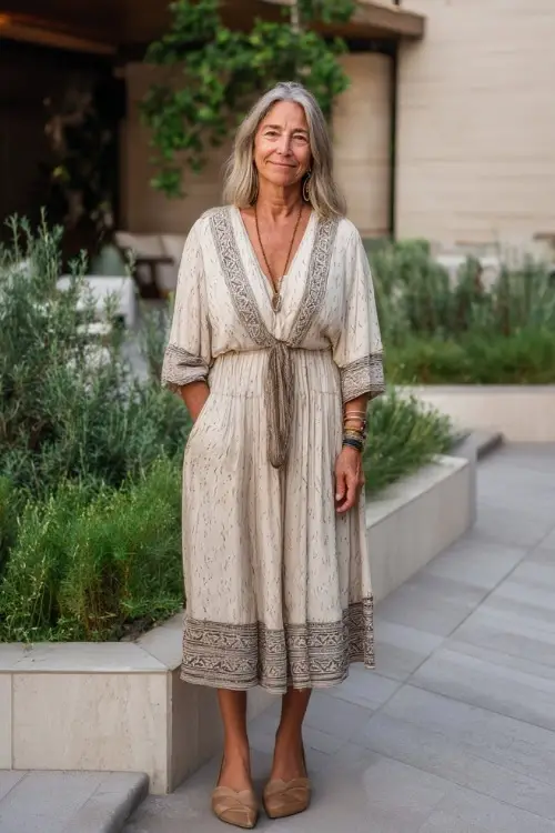 A woman over 60 wears a chic boho midi dress in neutral tones with subtle patterns