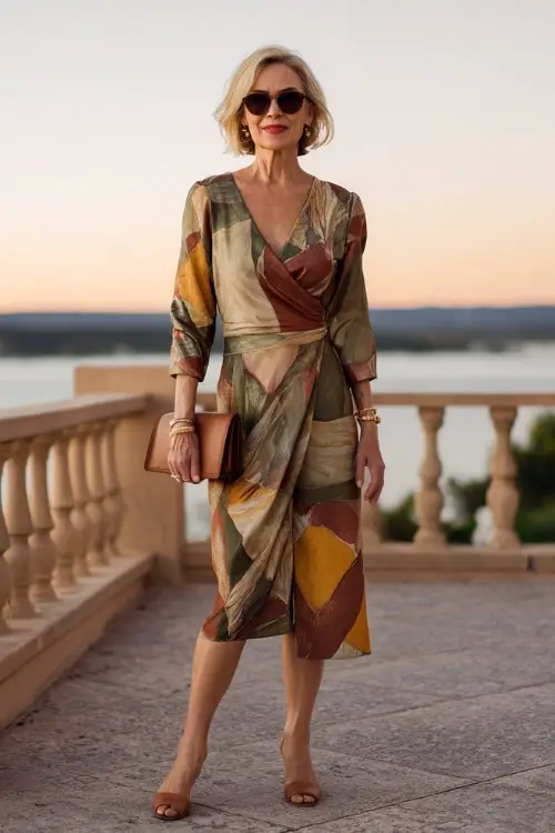 A woman over 50 wears a chic wrap dress with boho-inspired prints and a flattering silhouette