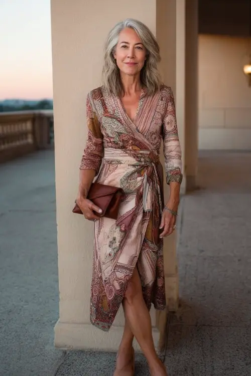 A woman over 60 wears a chic wrap dress with boho-inspired prints and a flattering silhouette