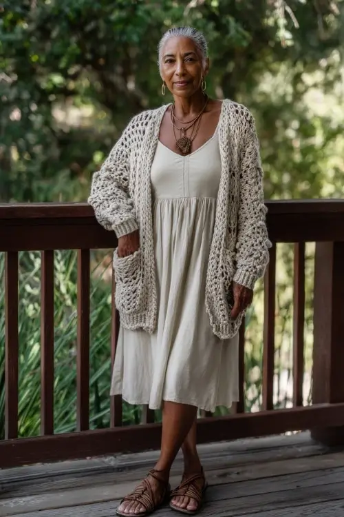 A woman over 50 wears a crochet cardigan layered over a simple summer dress,